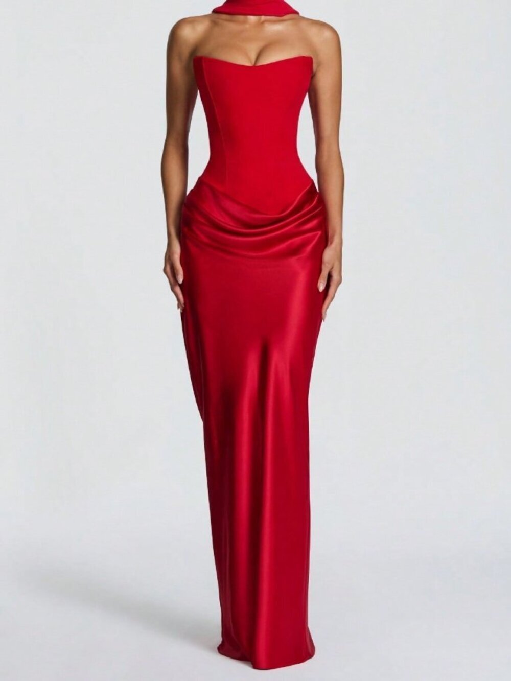 Red Strapless Women's Corset Maxi Dress with Detachable Choker Tie Sash